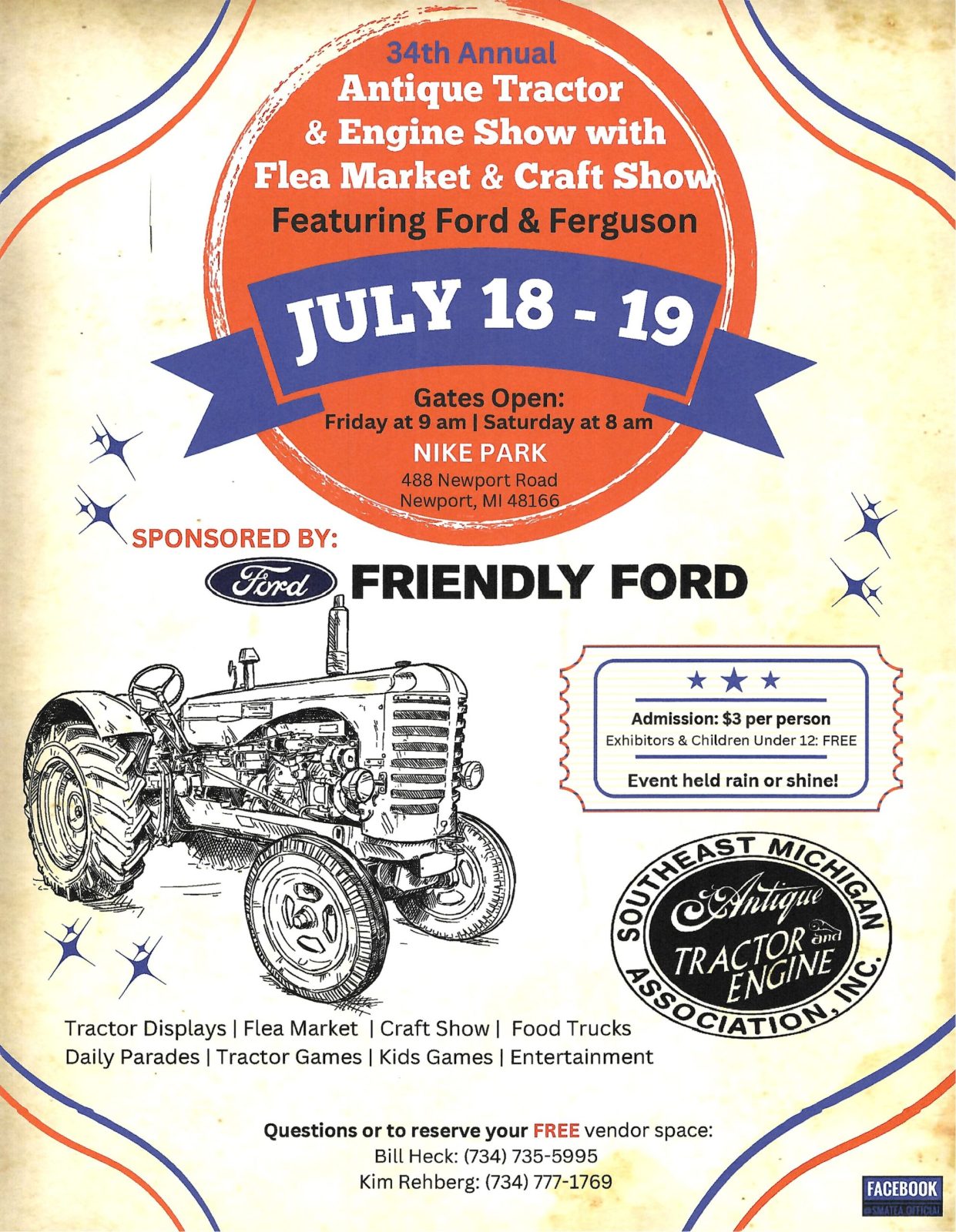 Flyer for the 34th Annual Antique Tractor & Engine Show, July 18-19 at Nike Park in Newport, Michigan, featuring Ford & Ferguson tractors and sponsored by Friendly Ford