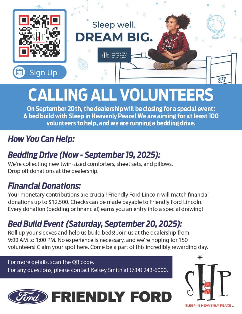 Friendly Ford flyer calling for volunteers for the September 20, 2025 Sleep in Heavenly Peace bed build, with details of the bedding drive and matching donations up to $12,500